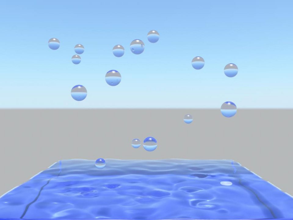 Rain droplets impacting into a water basin