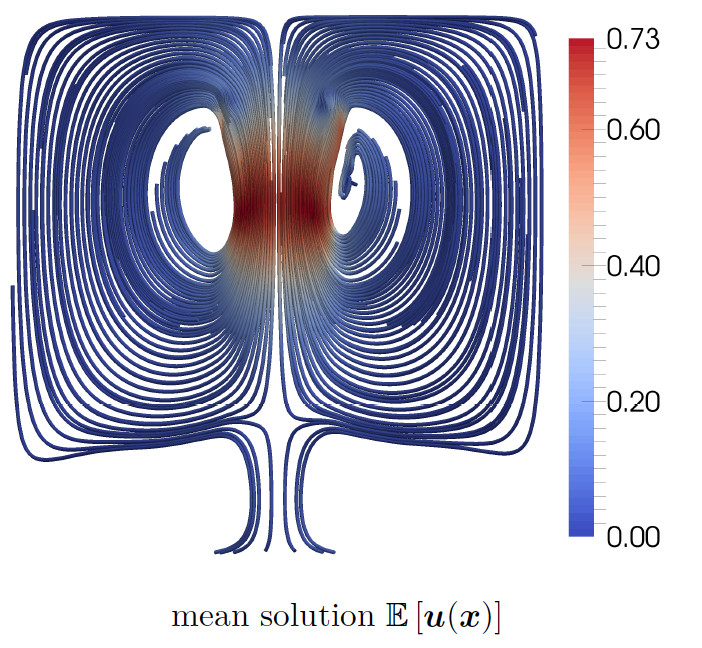 Streamline visualization of a 2D slice through the mean solution of a 3D velocity field in a two-phase flow simulation with rising bubble under random volume forcing.